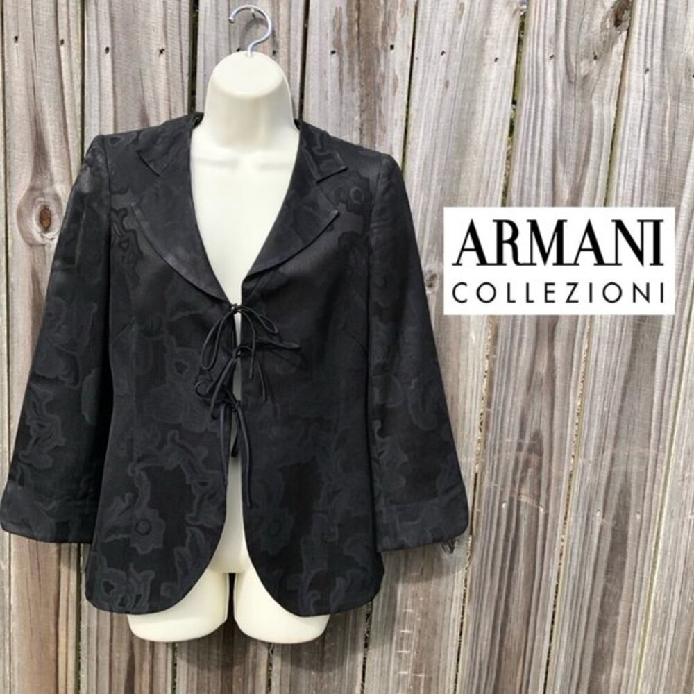 Armani Collezioni 6 Floral Embossed Blazer Jacket Top Black Tie Front Small